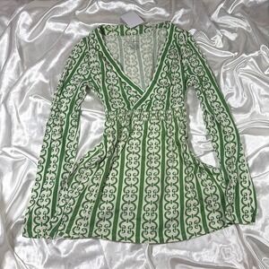 y2k Top Green Excellent Merona Faux Wrap Empire Waist Chain Print Blouse